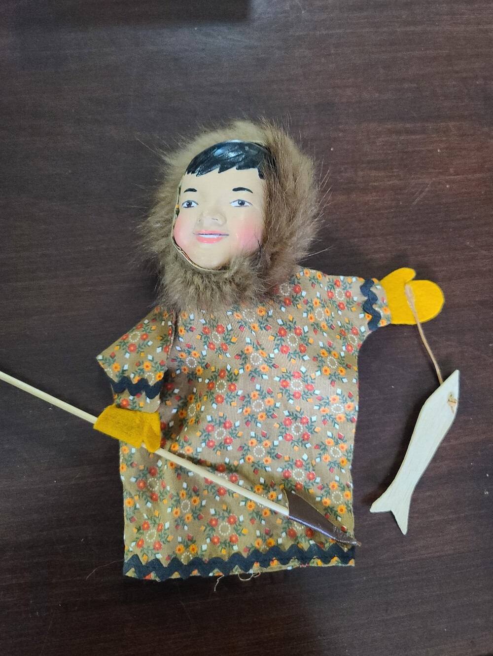 Vintage Alaska Inuit Doll Puppet with Floral Parka and Fur Hood Kuspuk